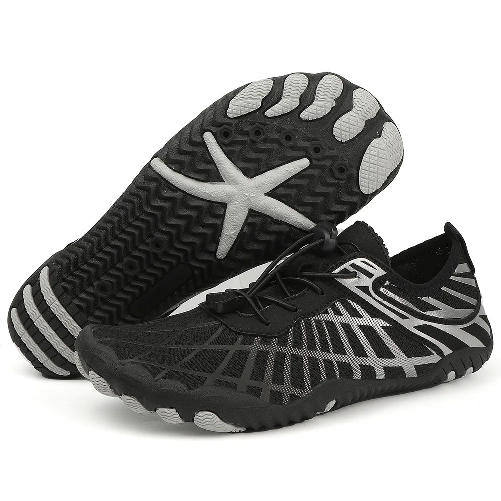 Women's quick-dry aqua shoes with non-slip sole, blue color, breathable mesh fabric, lightweight and sleek design.
