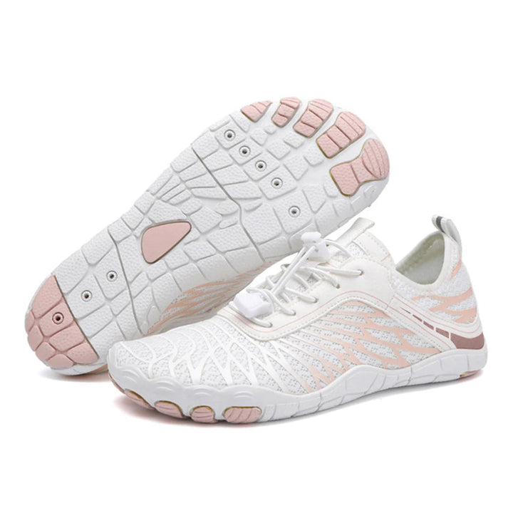 Women's quick-dry aqua shoes with non-slip sole, blue color, breathable mesh fabric, lightweight and sleek design.