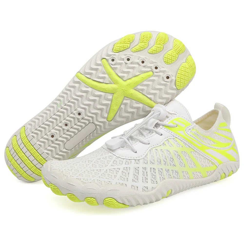 Women's quick-dry aqua shoes with non-slip sole, blue color, breathable mesh fabric, lightweight and sleek design.