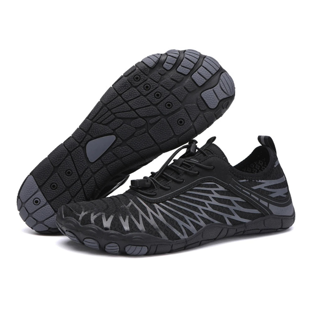 Women's quick-dry aqua shoes with non-slip sole, blue color, breathable mesh fabric, lightweight and sleek design.
