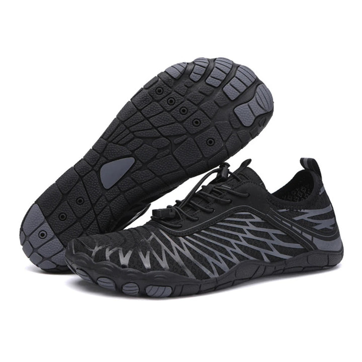 Women's quick-dry aqua shoes with non-slip sole, blue color, breathable mesh fabric, lightweight and sleek design.