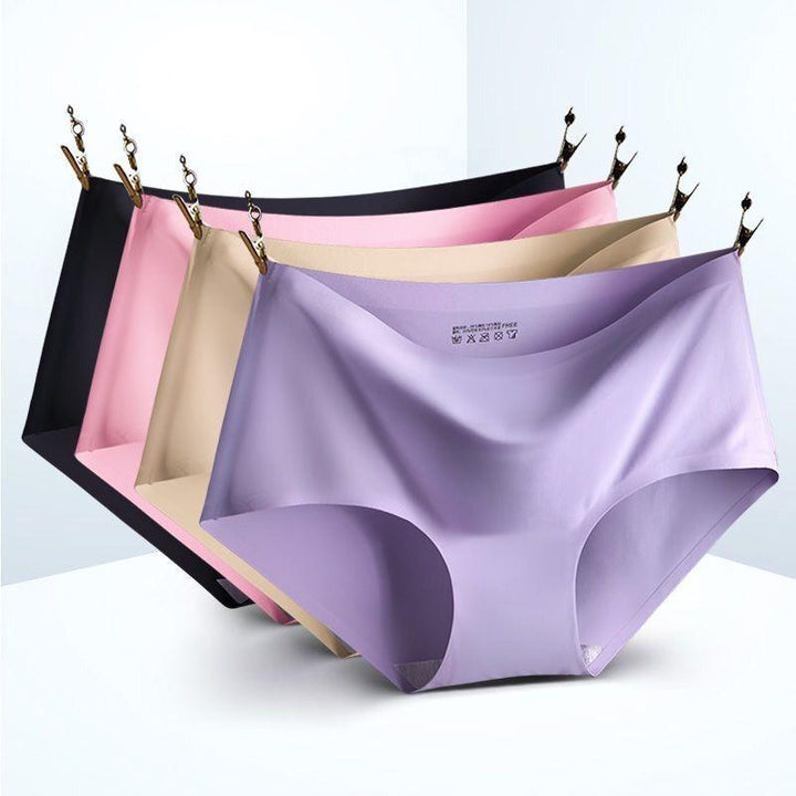 "Women's seamless silky comfort briefs, 5-pack, showing smooth fabric and elegant colors like black, white, pink, and beige."
