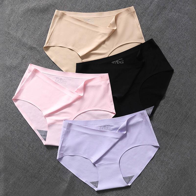"Women's seamless silky comfort briefs, 5-pack, showing smooth fabric and elegant colors like black, white, pink, and beige."
