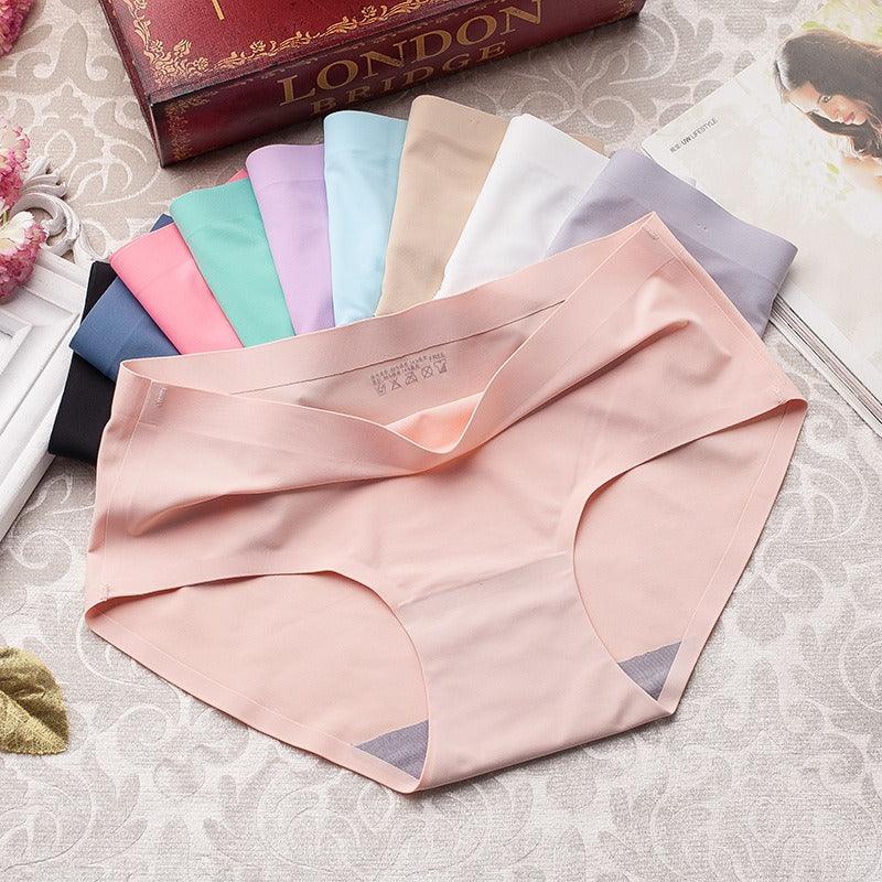 "Women's seamless silky comfort briefs, 5-pack, showing smooth fabric and elegant colors like black, white, pink, and beige."