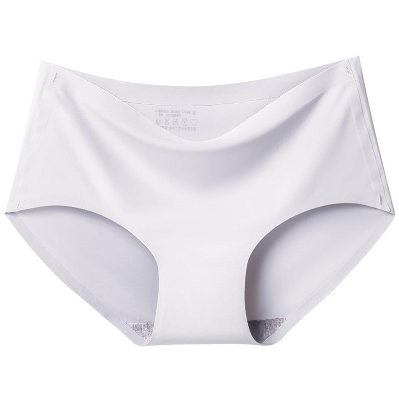 "Women's seamless silky comfort briefs, 5-pack, showing smooth fabric and elegant colors like black, white, pink, and beige."