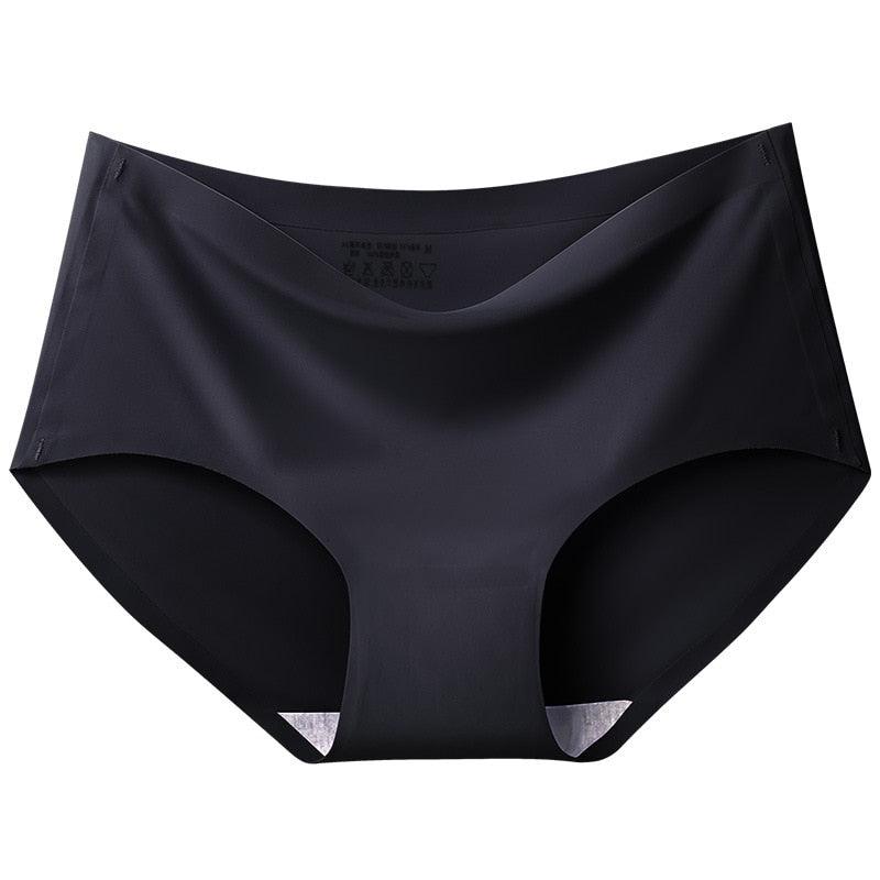 "Women's seamless silky comfort briefs, 5-pack, showing smooth fabric and elegant colors like black, white, pink, and beige."