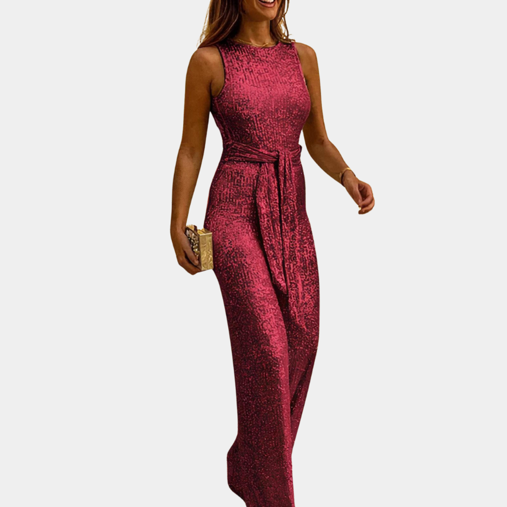 Women's sequined evening jumpsuit with sparkling glistening sequins, designed for elegance and sophistication in multiple col