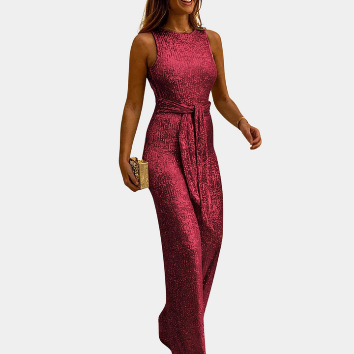Women's sequined evening jumpsuit with sparkling glistening sequins, designed for elegance and sophistication in multiple col