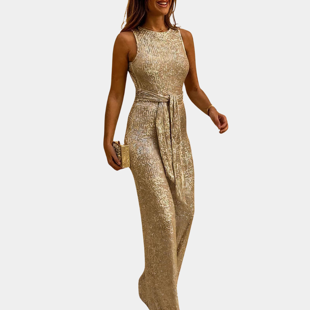 Women's sequined evening jumpsuit with sparkling glistening sequins, designed for elegance and sophistication in multiple col