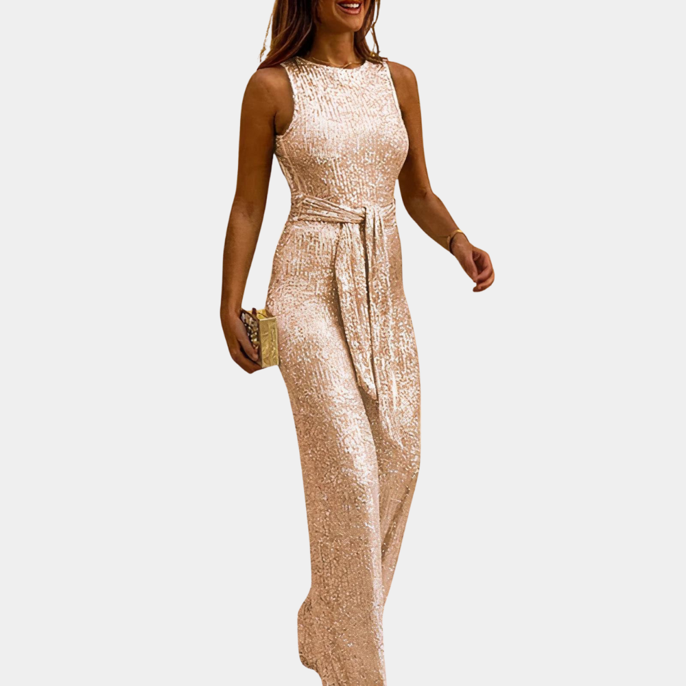 Women's sequined evening jumpsuit with sparkling glistening sequins, designed for elegance and sophistication in multiple col