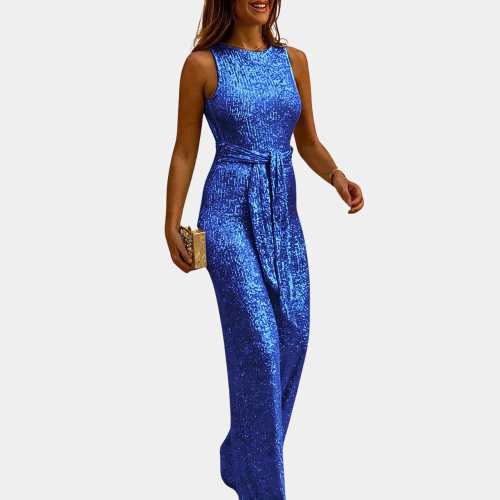 Women's sequined evening jumpsuit with sparkling glistening sequins, designed for elegance and sophistication in multiple col