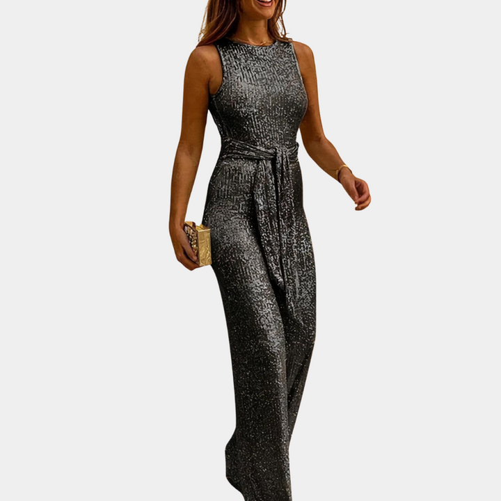 Women's sequined evening jumpsuit with sparkling glistening sequins, designed for elegance and sophistication in multiple col